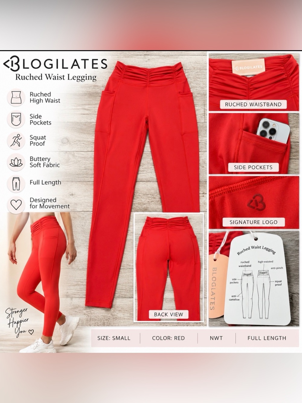 Blogilates Ruched Waist Leggings – Red – Size Small – NWT